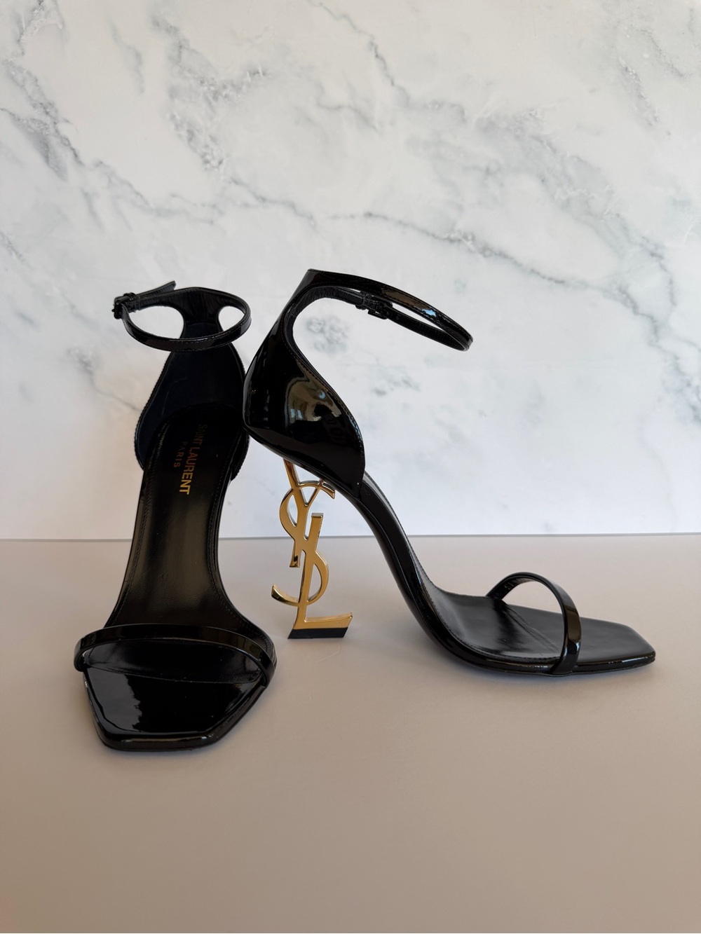 Saint Laurent YSL Opyum 110 Black Patent Gold Logo Heel Sandals Size 38 + Box - Picture 3 of 7